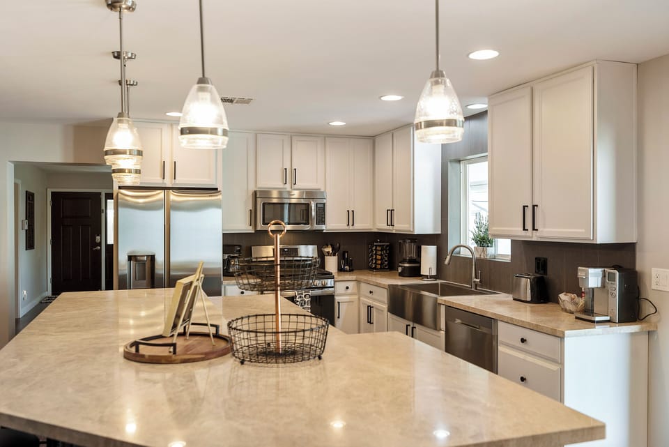 Large fully equipped kitchen with all appliances and cookware provided.