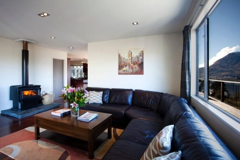 Lounge area with large wood fire