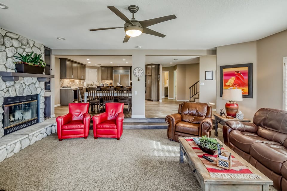 Open to dining area and kitchen