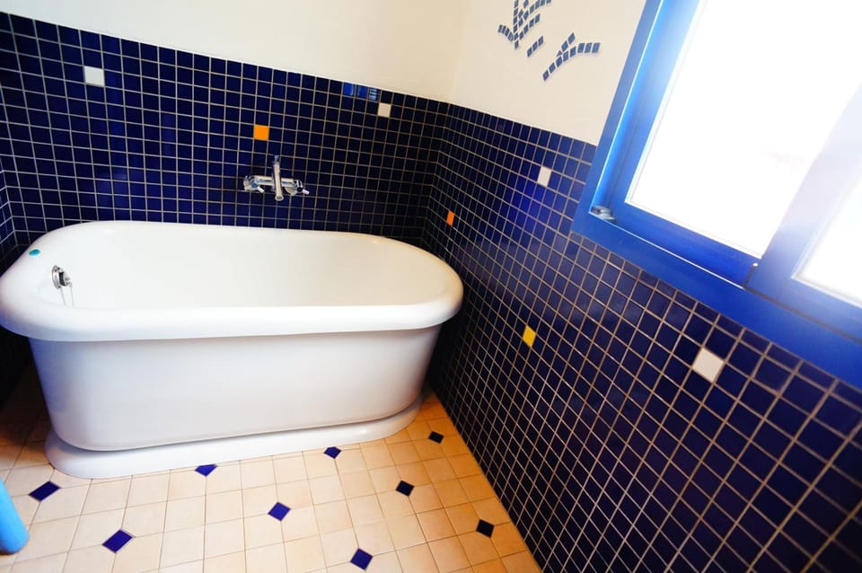 Separate tub and shower, deep soaking tub, rainfall showerhead