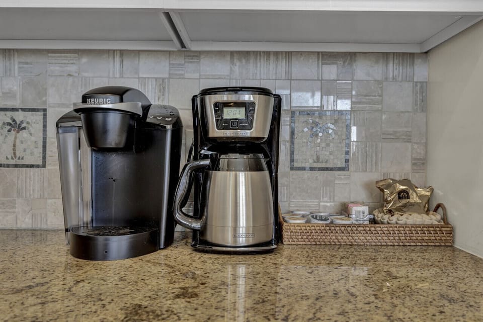 Your unit comes with a keurig and drip coffee pot. We also provide a starter set of coffee supplies: k-cups, sugars, filters, and coffee grounds.