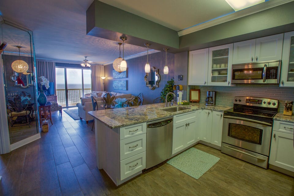 Kitchen, all stainless .steel appliances.
