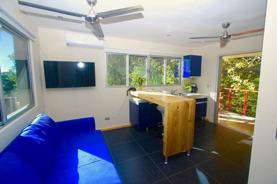 Living area, breakfast nook, kitchen, opening to back roofed private balcony practically in the trees!