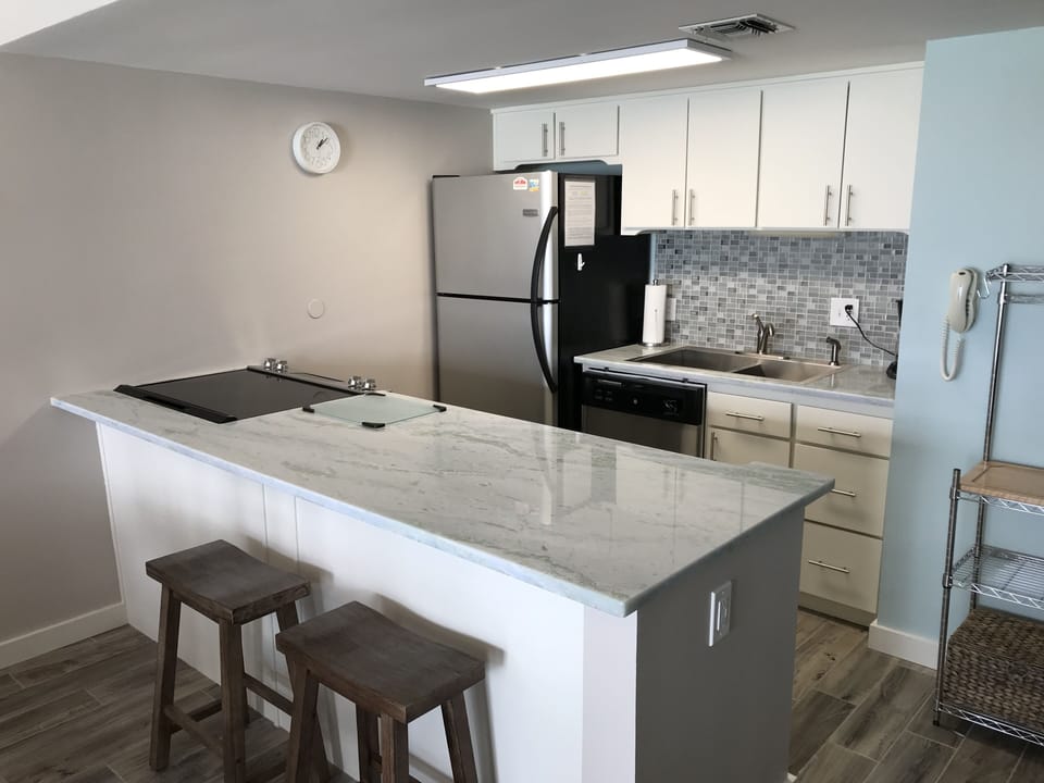 Remodeled kitchen with new stainless appliances and quartzite countertops!