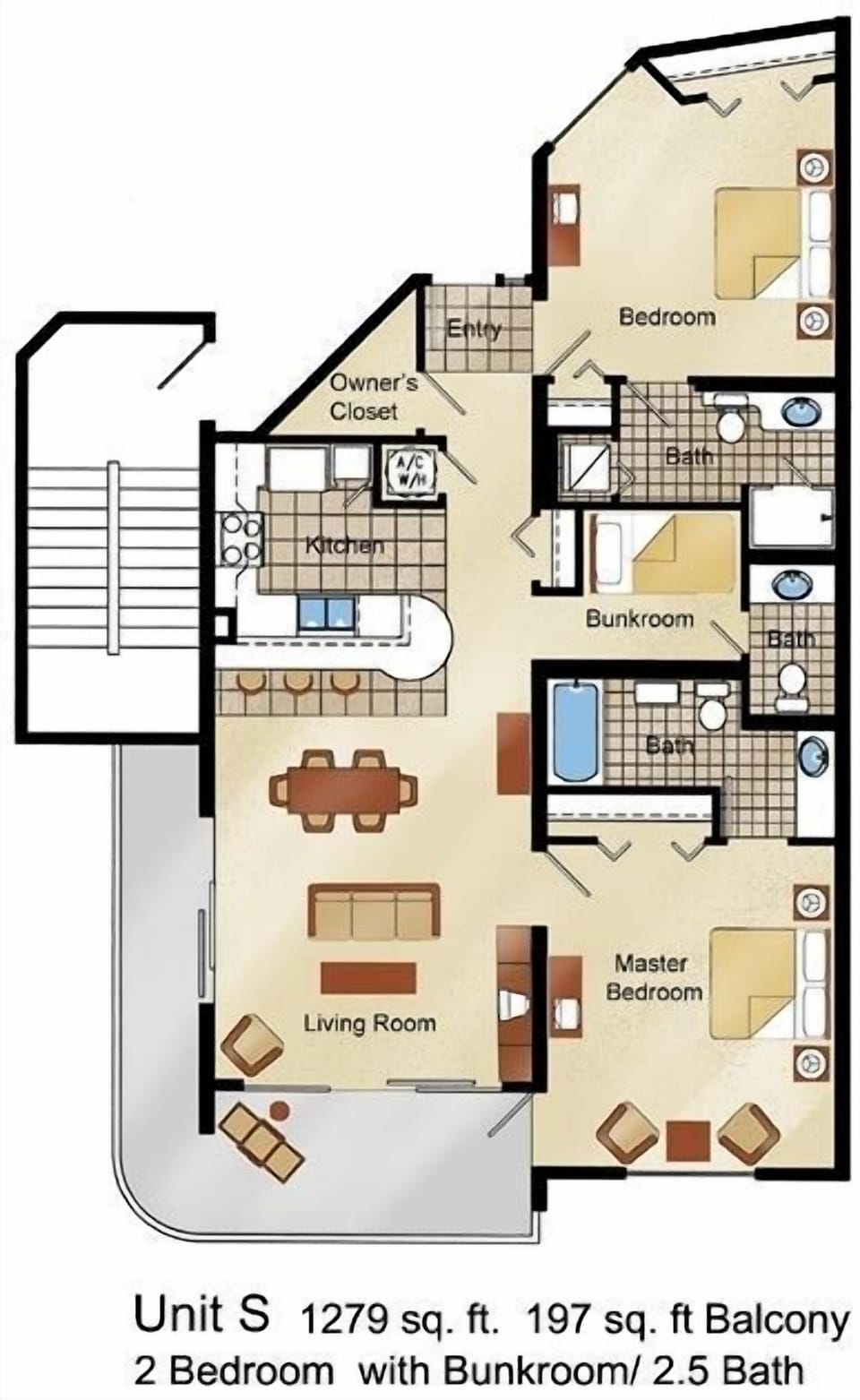 Floor plan with wrap around balcony views of pool deck and ocean view