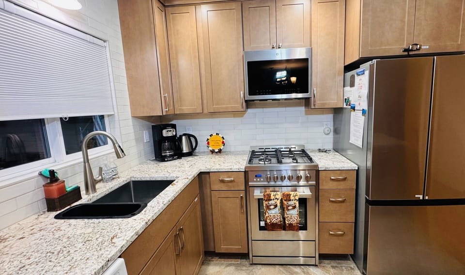 Gas stove. Dishwasher. Drip coffee maker, toaster, blender, etc. 