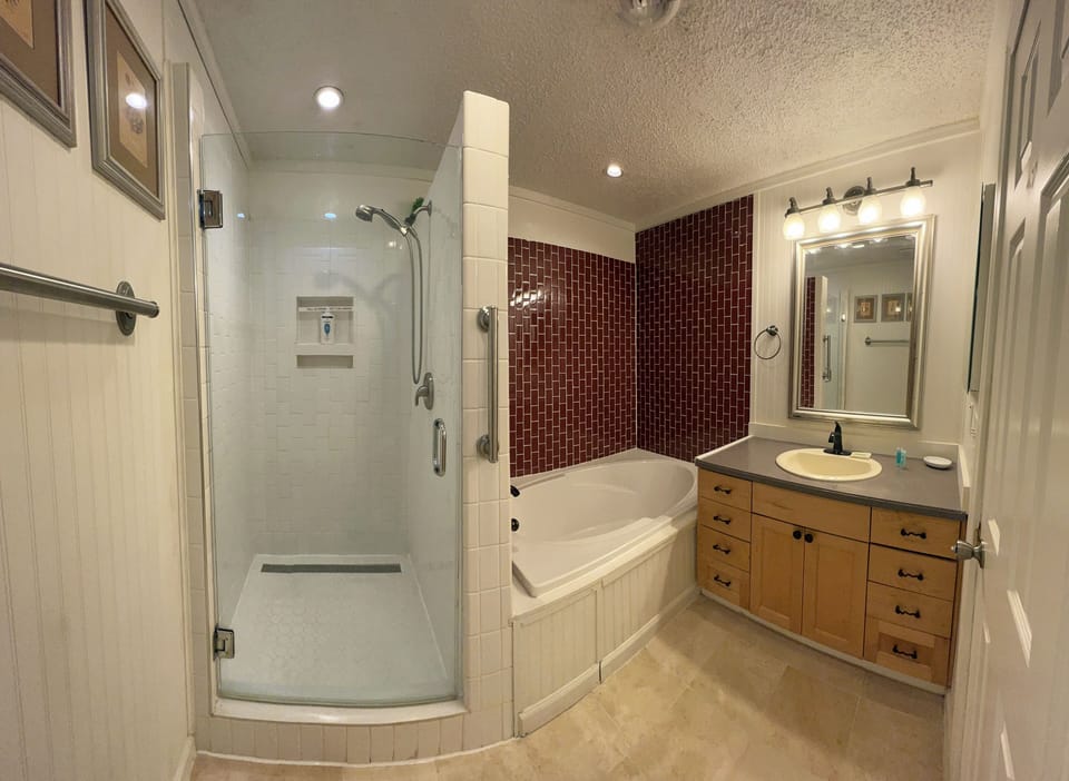 View of bathroom with separate garden tub (non jacuzzi type) and walk-in shower 