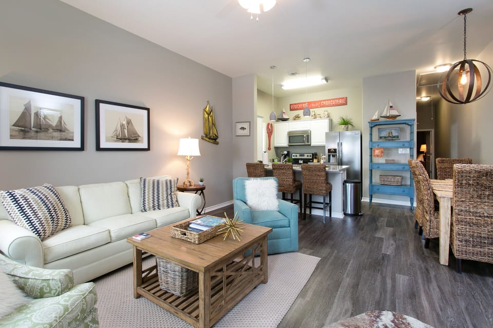 Living area flowing into open kitchen area