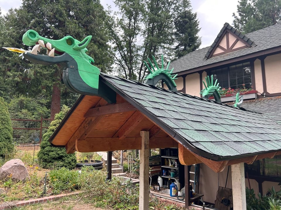 Dragons adorn several rooftops