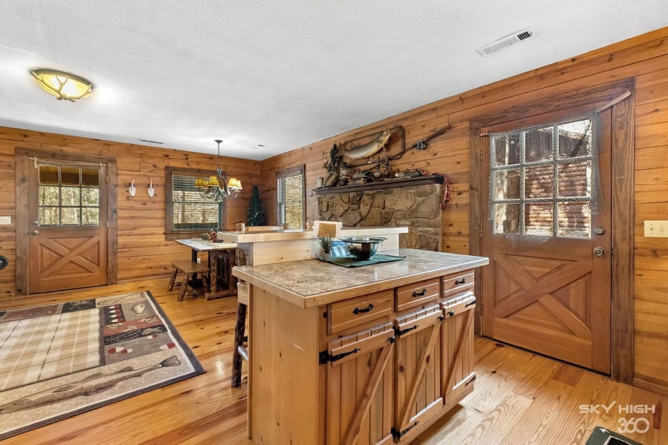 View of bar and kitchen island.