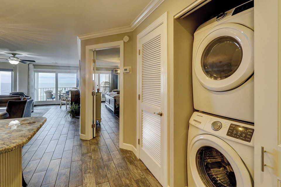 Full size stackable washer and dryer.