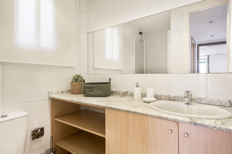 Bathroom with a shower, sink and toilet