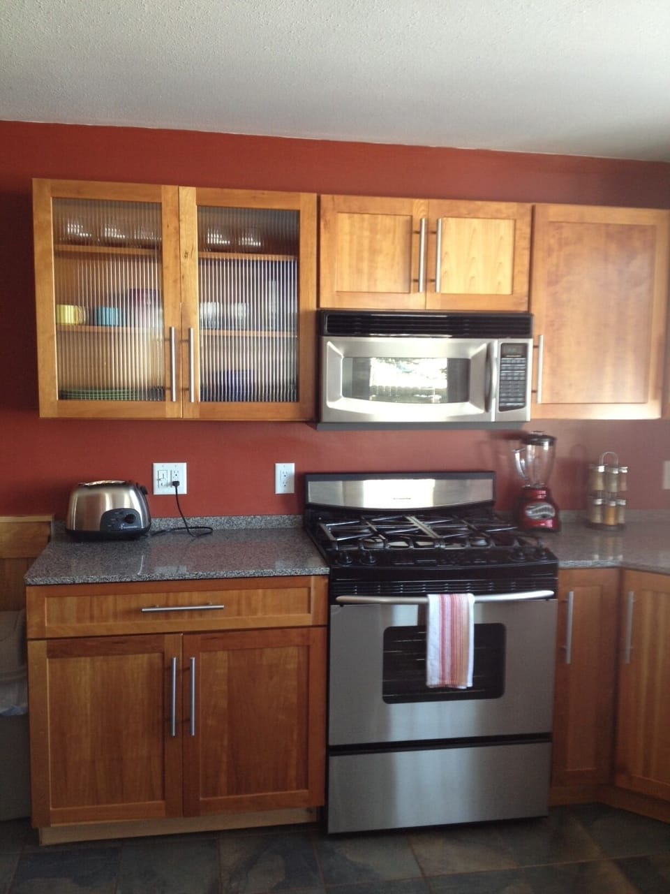 Stainless steal appliances.  Gas range, blender, toaster, handmixer.