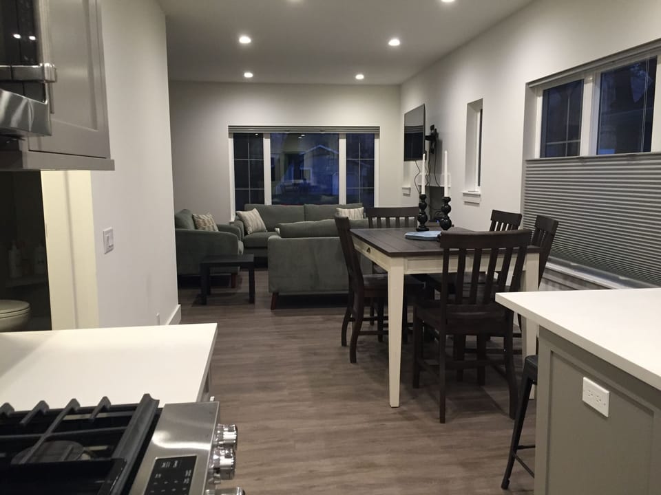 View from kitchen into dining and living room 