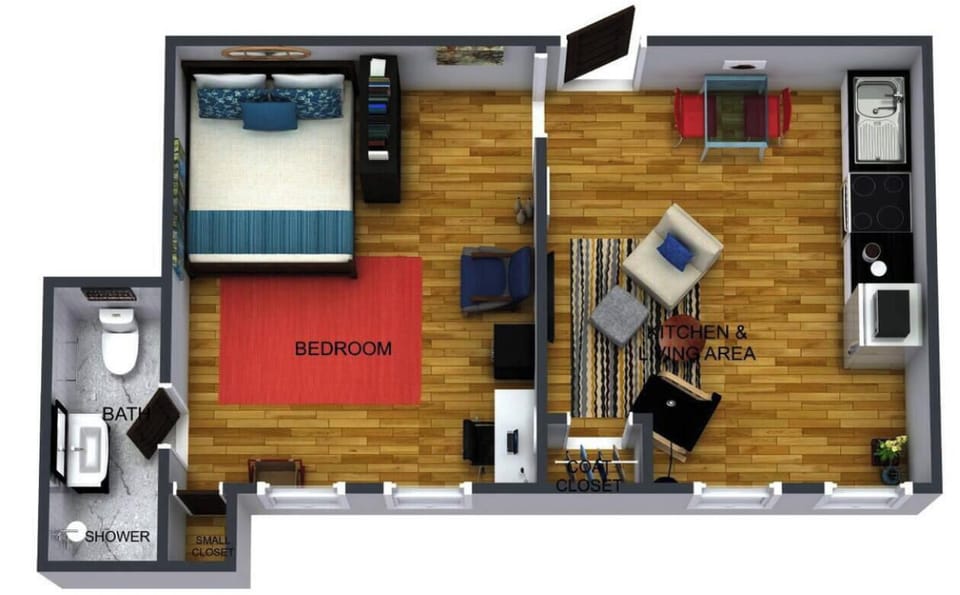 Apartment floor plan. Please note: furniture is not exact, but this shows the general layout of the unit.