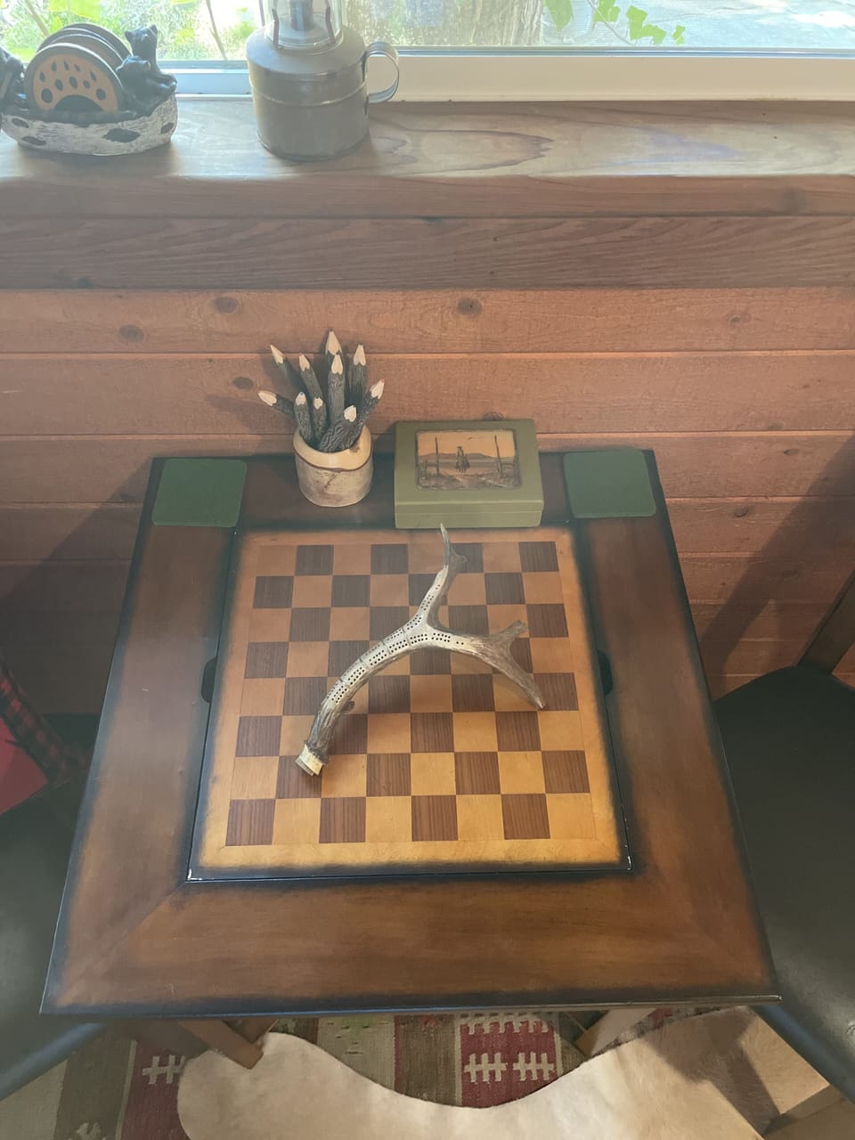 Game table with checkers, chess, backgammon, cards and cribbage