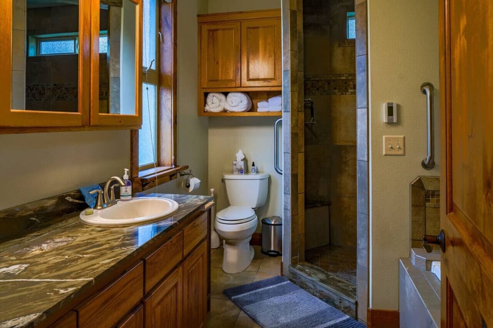 Master bath with hot air aromatherapy tub and double walk-in shower