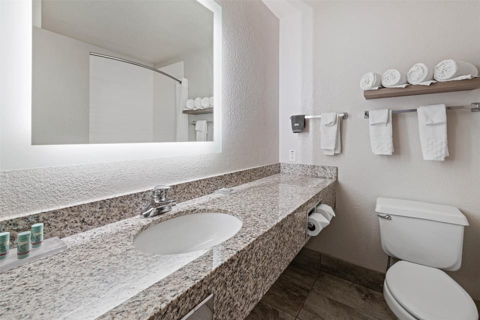 Combined shower/tub, free toiletries, hair dryer, towels