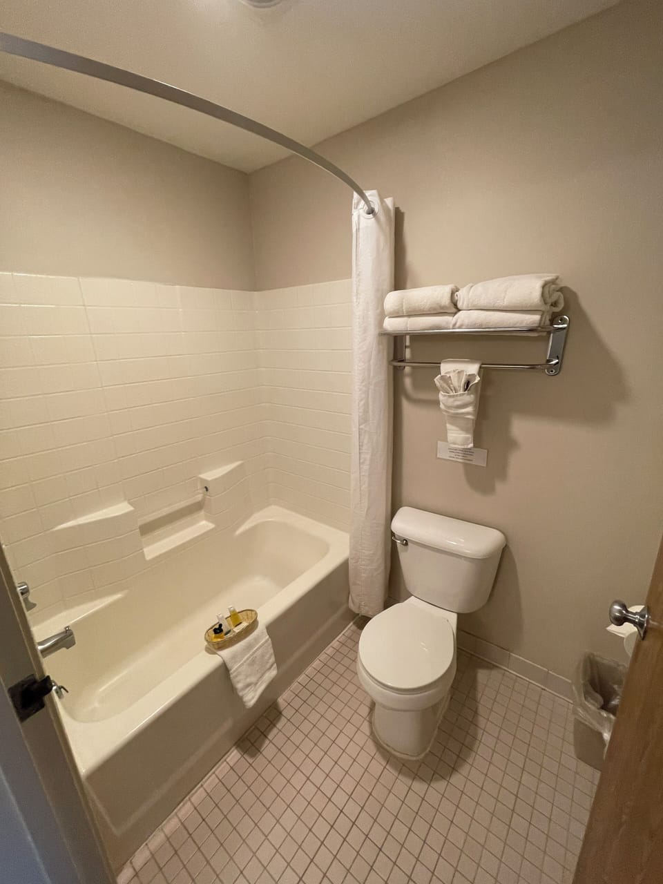 Combined shower/tub, free toiletries, hair dryer, towels