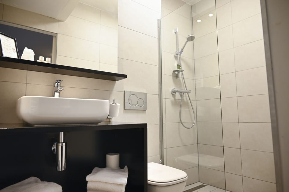 Shower, free toiletries, towels