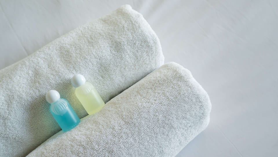 Combined shower/tub, eco-friendly toiletries, hair dryer, towels