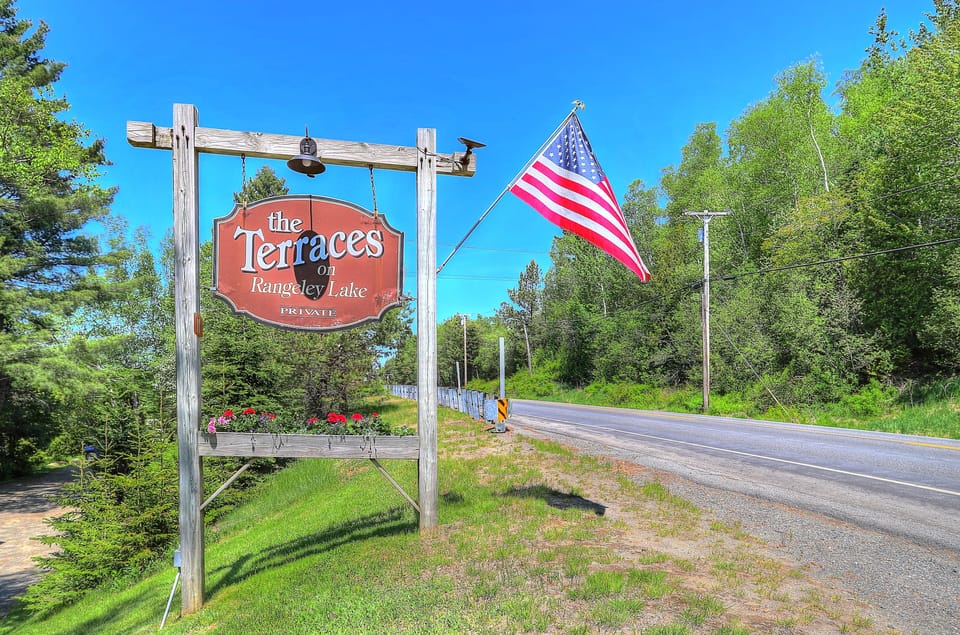 The Terraces on Rangeley Lake Sign on Route 4 heading towards Town