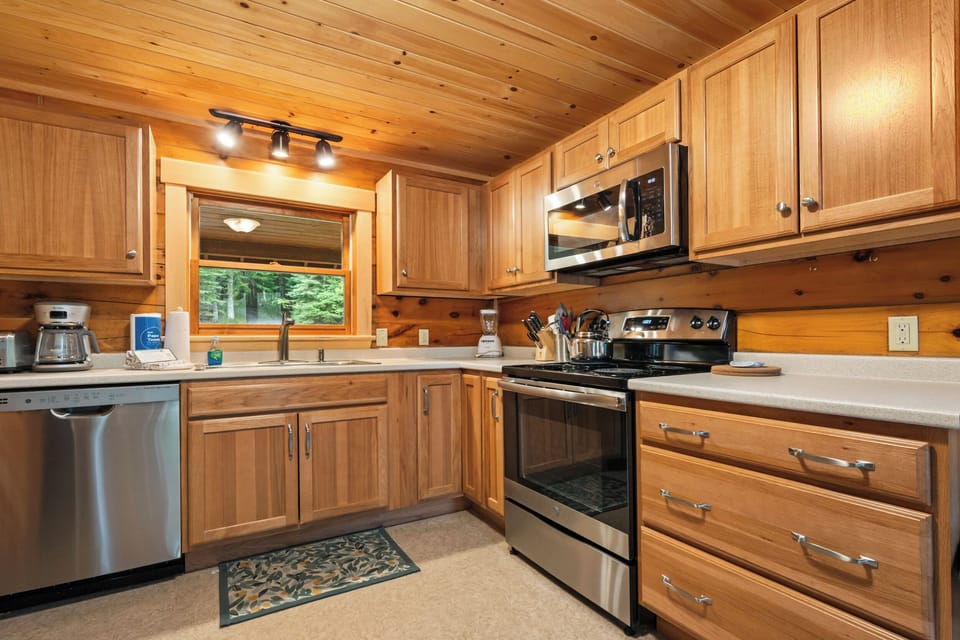 All the comforts of home — coffee maker, toaster, and plenty of counter space.