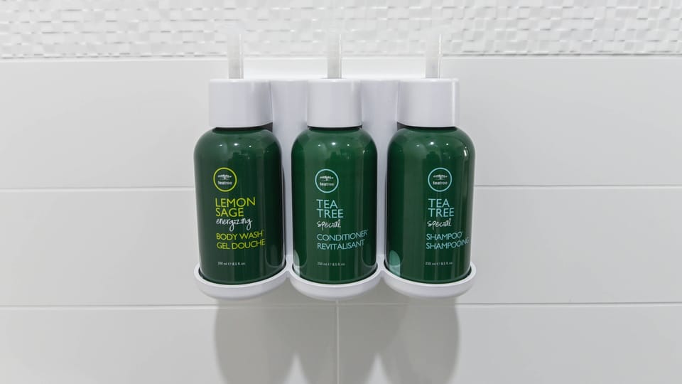 Shower, designer toiletries, hair dryer, towels