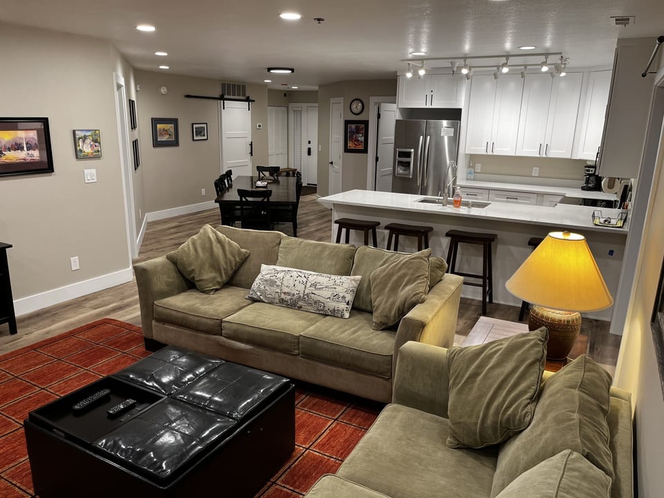 Open floor plan with comfortable couches, with one becoming a queen sofa sleeper
