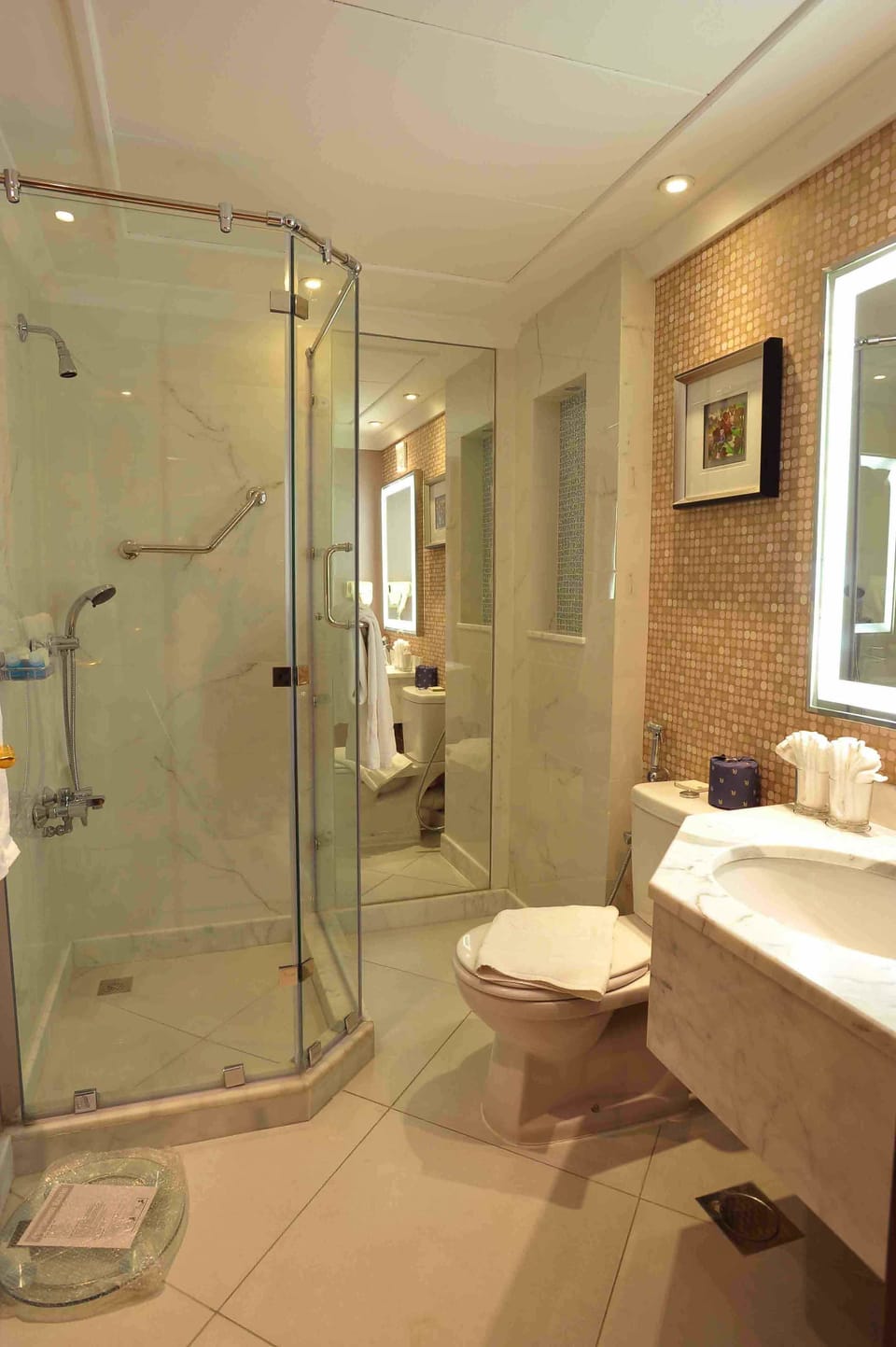 Shower, free toiletries, hair dryer, slippers