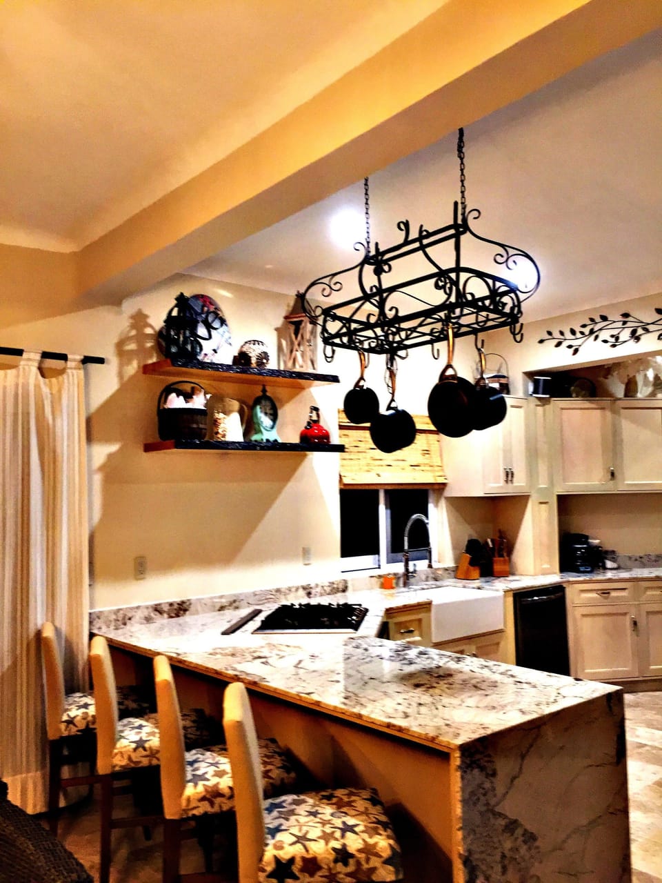 Floating shelves apron sink, remote down draft vent for gas stove top