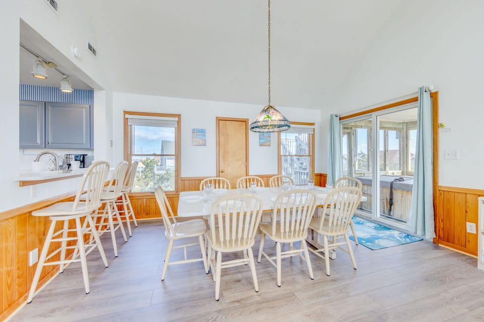 The dining room offers ample seating for eight.