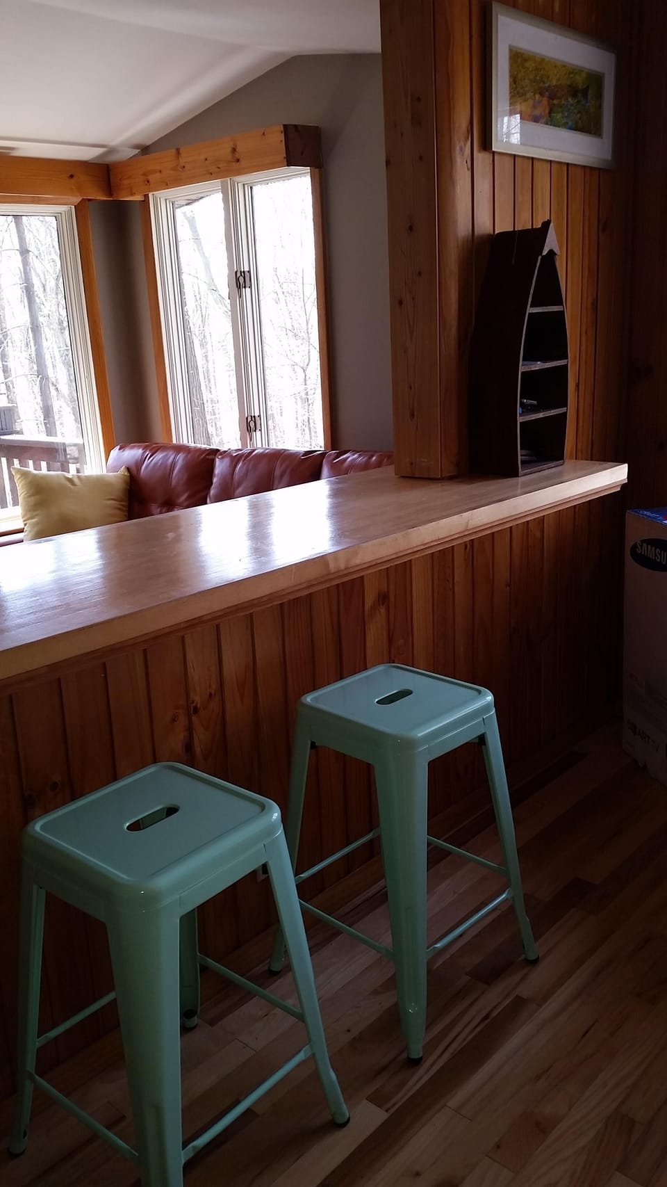 Our bar area - overlooking several windows out to the treetops!