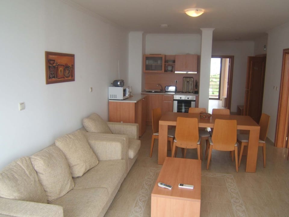 Kitchen, living area of apartment.