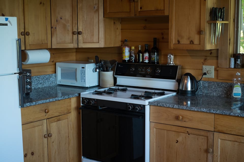 Kitchen granite counter, microwave, and stove
