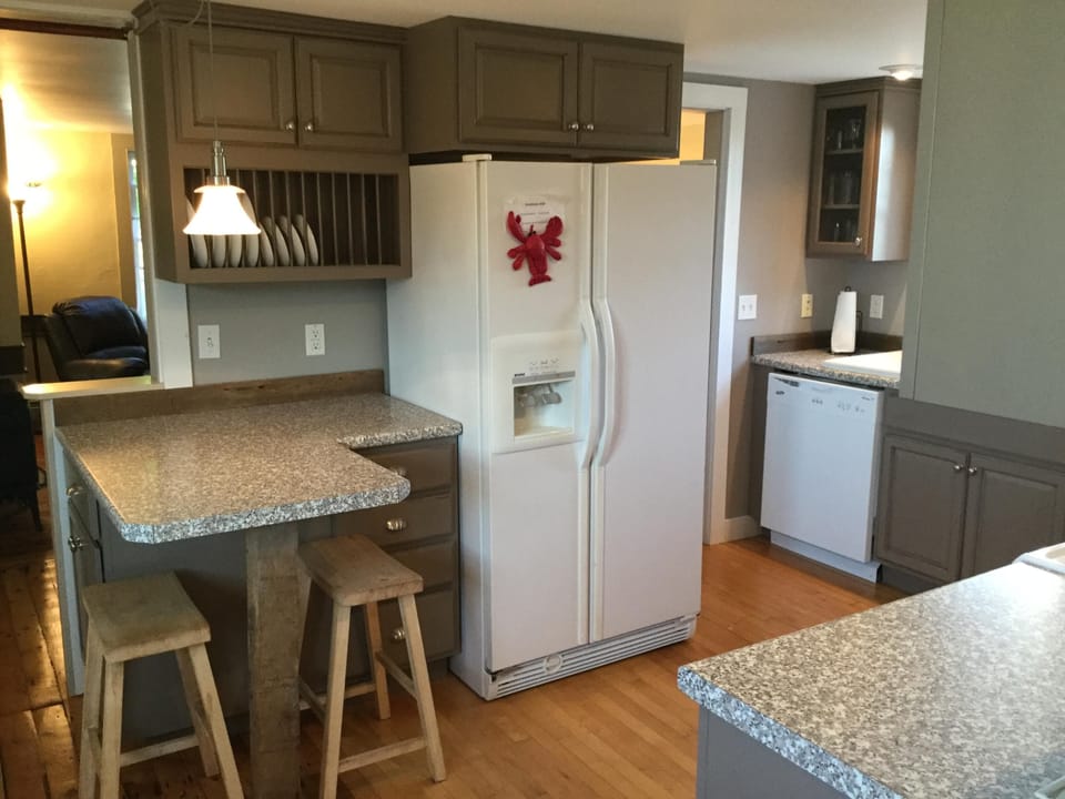 The kitchen from the mud room. Showing the fridge and dishwasher.