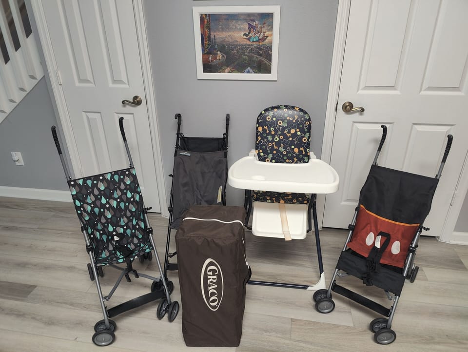 Strollers, a high chair, and a pack-n-play are provided.