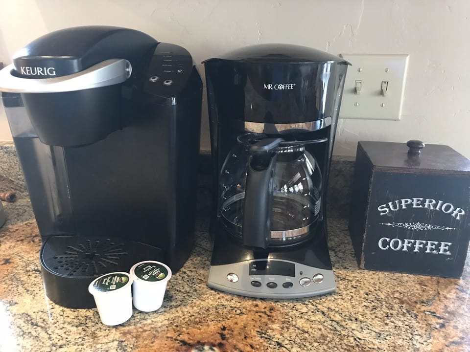 Coffee by the pot or by the cup (bring your K cups).