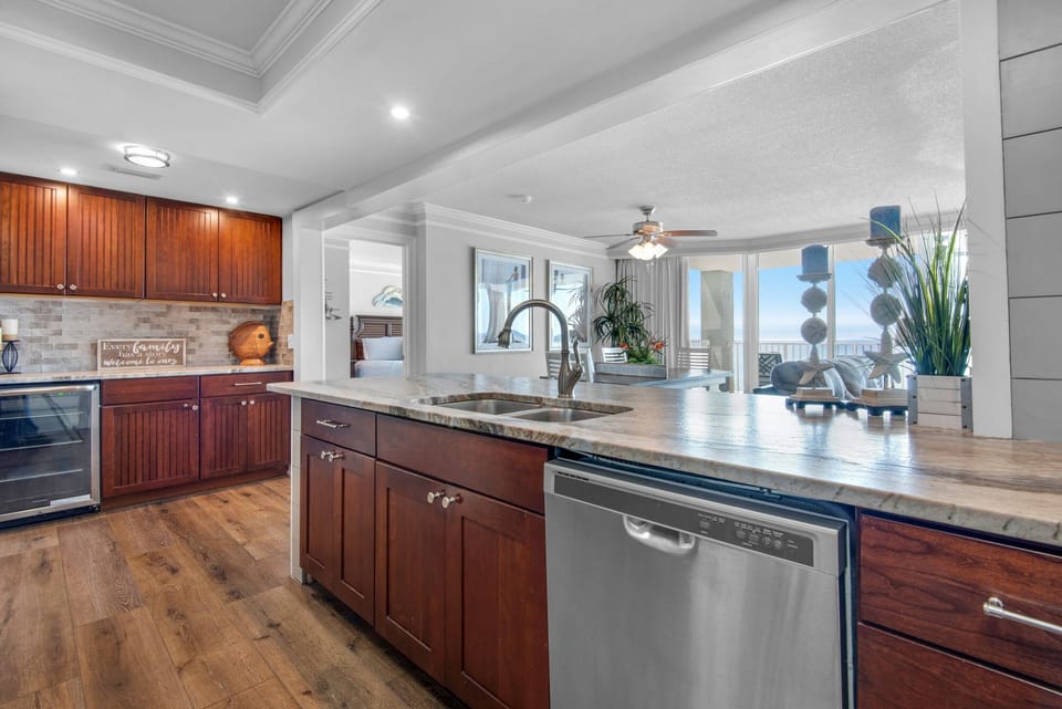 Adjacent bar area with wine refrigerator