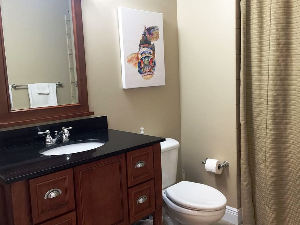 Full bath in hall for guests and the Bunk Room occupants. 