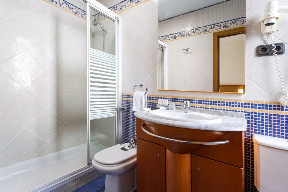 Shower, free toiletries, hair dryer, bidet