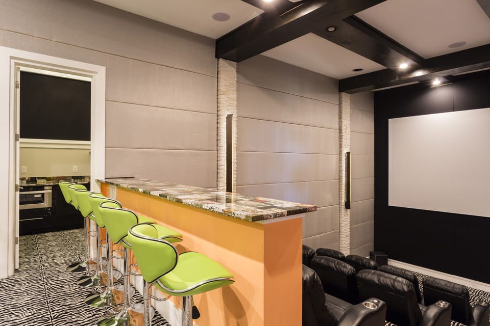 View looking at the bar and theater room.