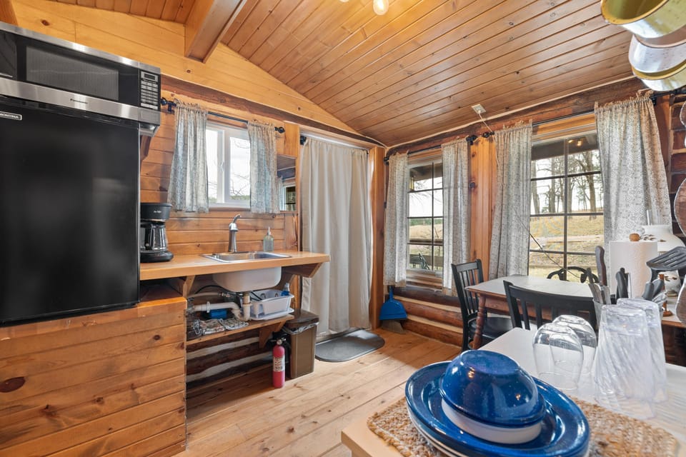 Natural wood walls and floors frame the kitchenette with black appliances and a table set beside windows.