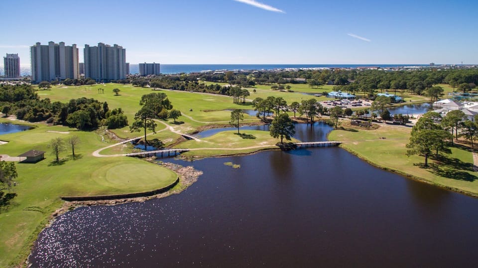 A birds-eye view from Seascape Golf Course looking to our build and the Gulf!