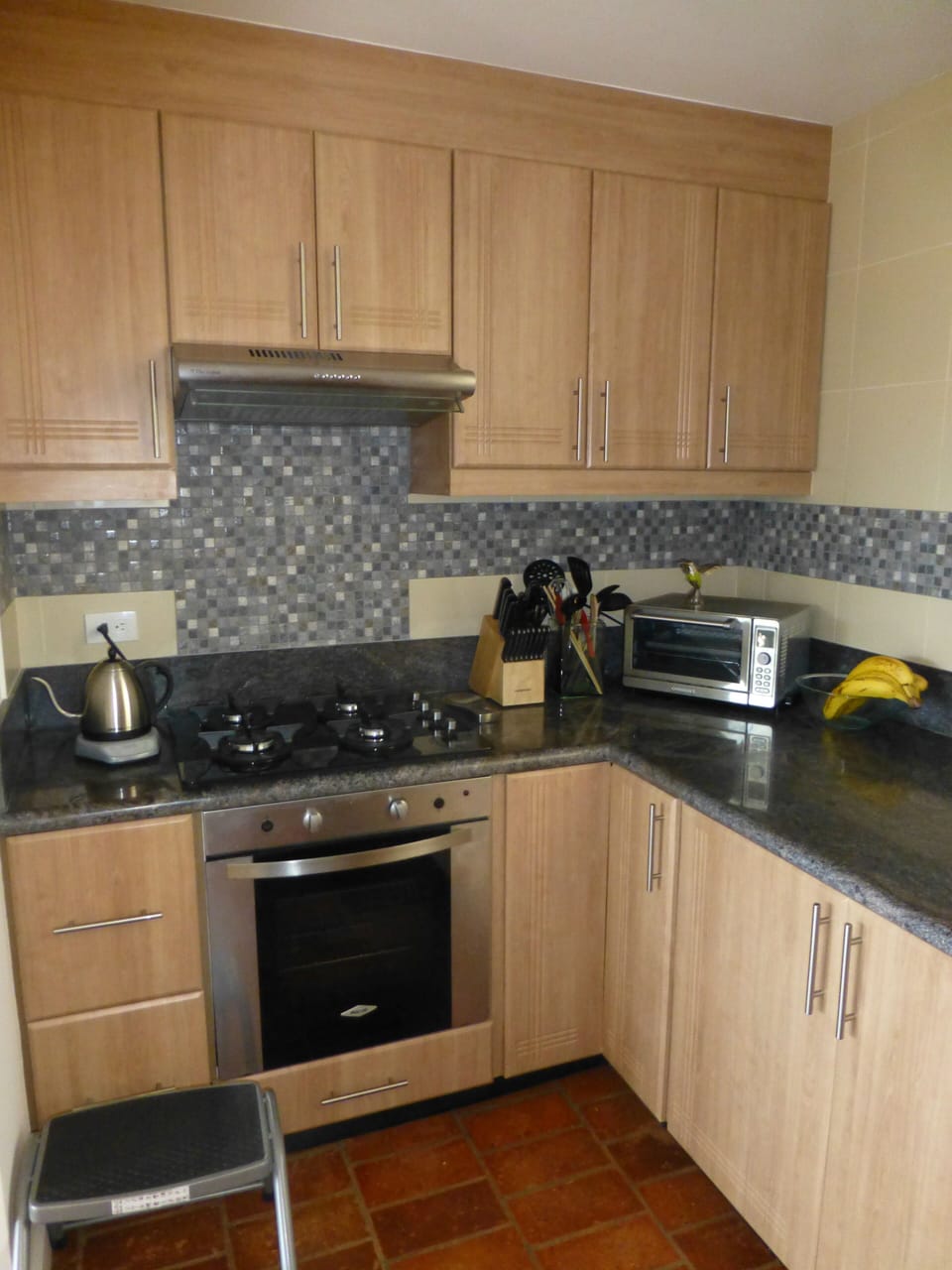 Left side of the kitchen, oven and cooktop