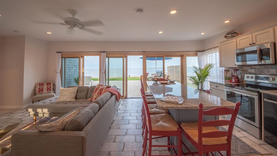 Granite center island with seating for six. 