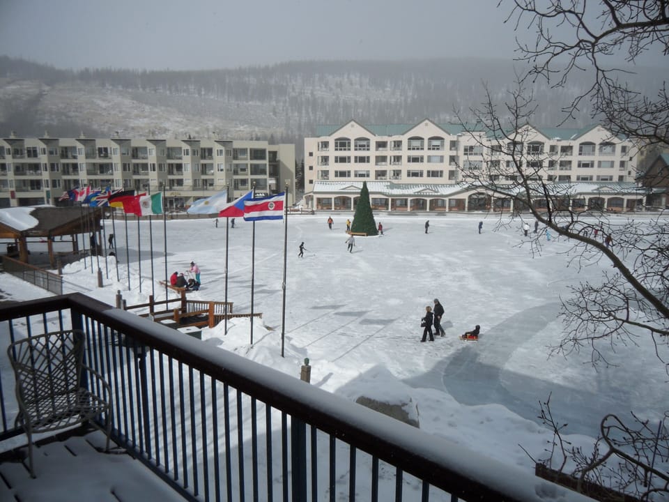 View from balcony looking at 5 acre, lighted, ice skating lake.