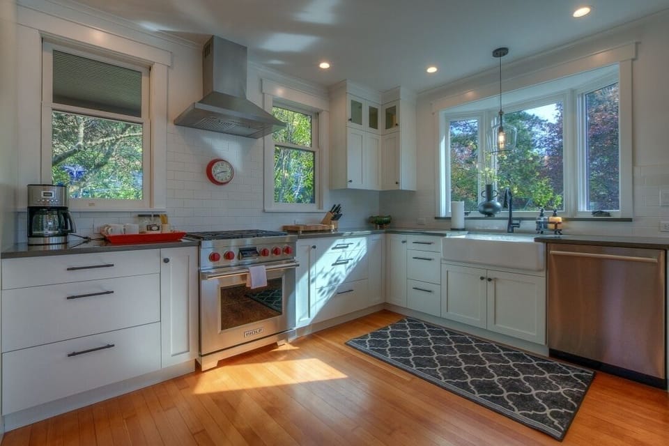 Gourmet kitchen with bay window.