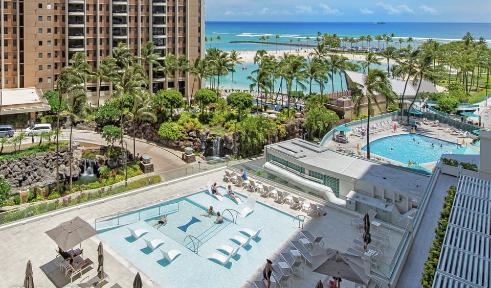 View on lanai of two pools/lagoon/ocean.  from Lanai