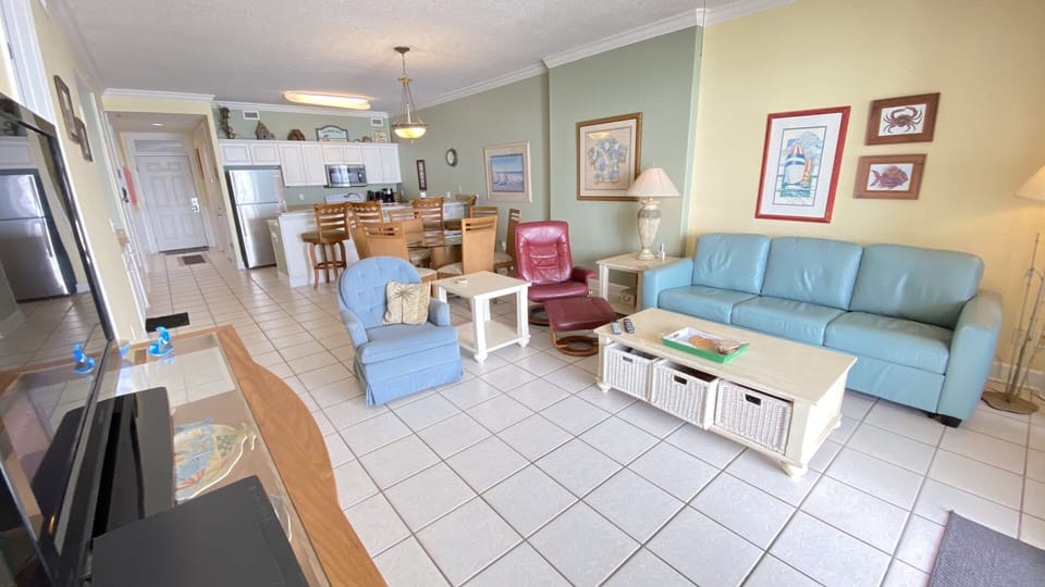 Our living room.  Beach colors-a-popping everywhere!